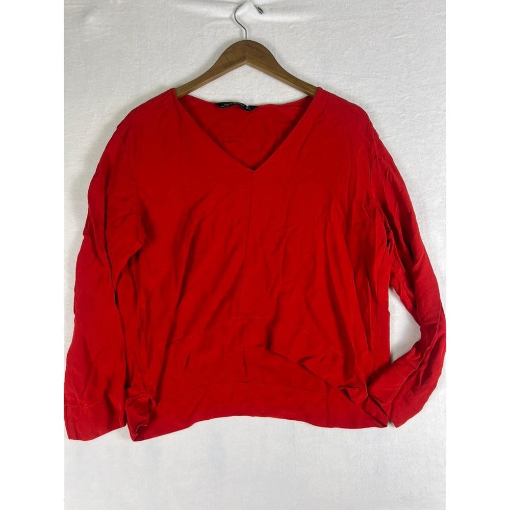 Zara‎ Blouse W Med/LG Red V-Neck High Low Hem Long Sleeve Top Office Minimalist